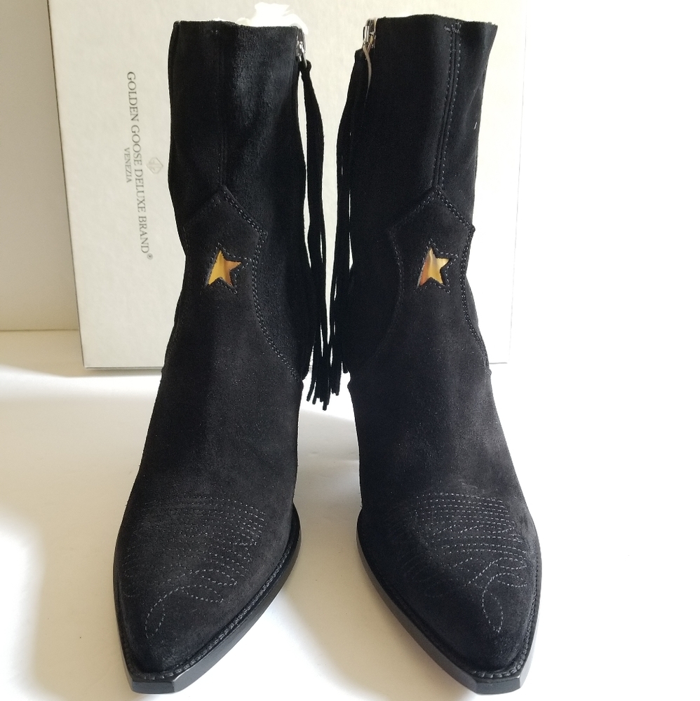 Golden Goose Suede Leather Fringe Limited Handmade Cowboy Boots Black Si…